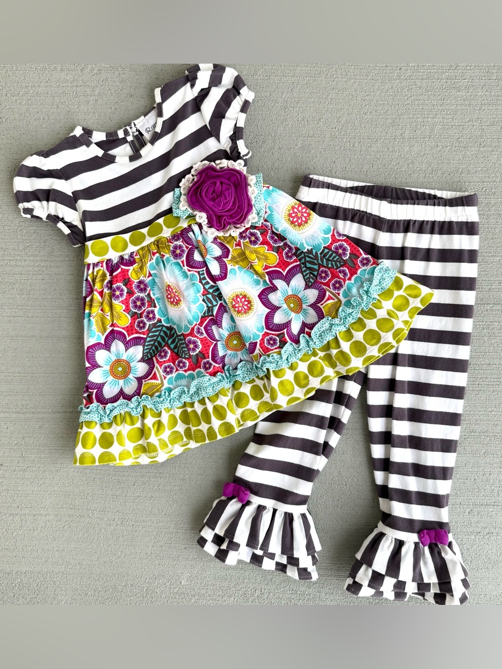 Rare, Too! 3T Girls Striped Floral Tunic & Legging Set - Gray, White, Plum, Lime